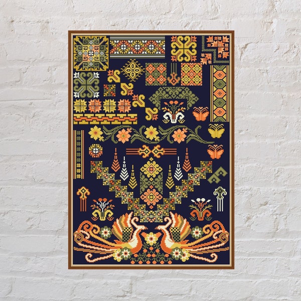 Cross stitch pattern Phoenix Sampler, quaker sampler, geometric embroidery, bird cross stitch, vintage cross stitch, digital PDF file