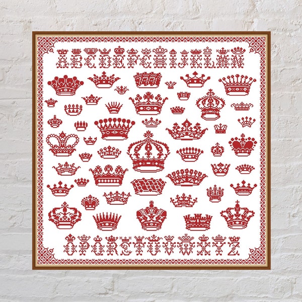 Cross stitch pattern Crown Sampler, antique cross stitch, monochrome embroidery, alphabet cross stitch, digital PDF file, printable