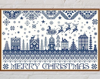 Cross stitch pattern Merry Christmas, quaker sampler, Christmas cross stitch, monochrome embroidery, digital PDF file, holiday cross stitch