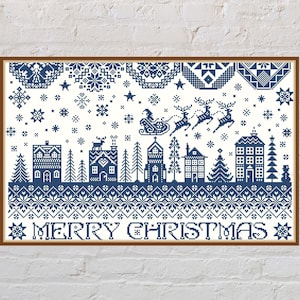 Cross stitch pattern Merry Christmas, quaker sampler, Christmas cross stitch, monochrome embroidery, digital PDF file, holiday cross stitch