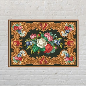 Patrón de punto de cruz Alfombra de flores n.° 5, punto de cruz floral, diseño de mantel, bordado de alfombra, punto de cruz vintage, rosa, PDF, imprimible