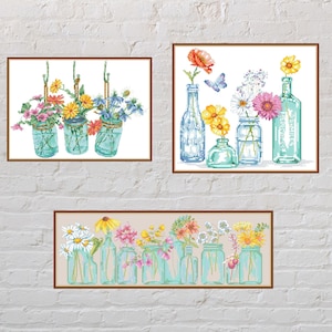 3つのフラワージャーのセットクロスステッチパターン、クロスステッチバンドル、花の刺繍、デジタルPDFファイル、印刷可能、自然クロスステッチ