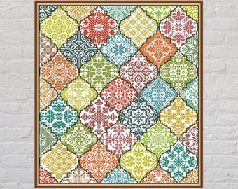 Schema per punto croce Diamond Quaker #2, campionario punto croce, ricamo geometrico, punto croce vintage, file PDF, punto croce stampabile