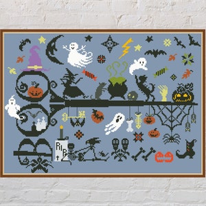 Cross stitch pattern Halloween Party, sampler cross stitch, holiday embroidery, spooky cross stitch, Halloween cross stitch, PDF file