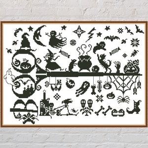 Cross stitch pattern Halloween Party #2, sampler cross stitch, monochrome embroidery, spooky cross stitch, Halloween cross stitch, PDF file