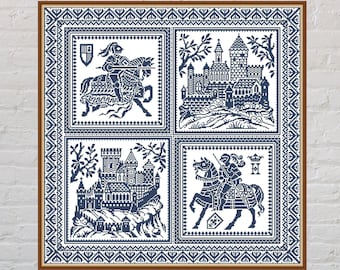 Cross stitch pattern Castle Sampler #2, medieval cross stitch, monochrome embroidery, knight cross stitch, cushion design, digital PDF file