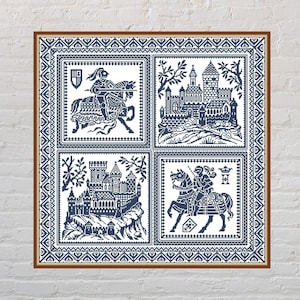 Patrón de punto de cruz Castle Sampler #2, punto de cruz medieval, bordado monocromático, punto de cruz de caballero, diseño de cojín, archivo PDF digital