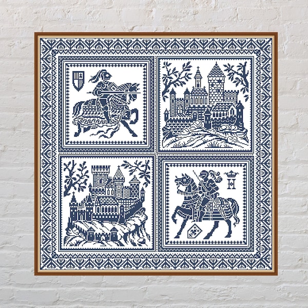 Cross stitch pattern Castle Sampler #2, medieval cross stitch, monochrome embroidery, knight cross stitch, cushion design, digital PDF file