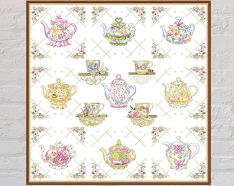 Korsstygnsmönster Tekanna Sampler, korsstygn till köket, blommigt korsstygn, vintagebroderi, utskrivbar, digital PDF-fil, tekoppar