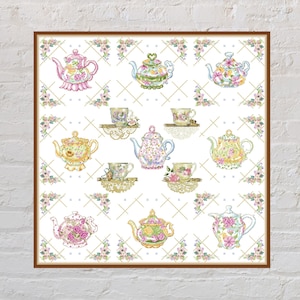 Cross stitch pattern Teapot Sampler, kitchen cross stitch, floral cross stitch, vintage embroidery, printable, digital PDF file, tea cups