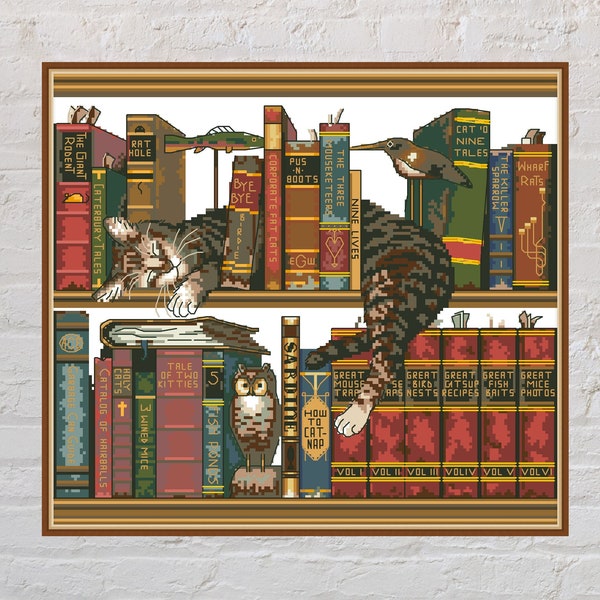 Cross stitch pattern Library Cat, vintage cross stitch, pet embroidery, cute cross stitch, counted cross stitch, PDF, printable cross stitch