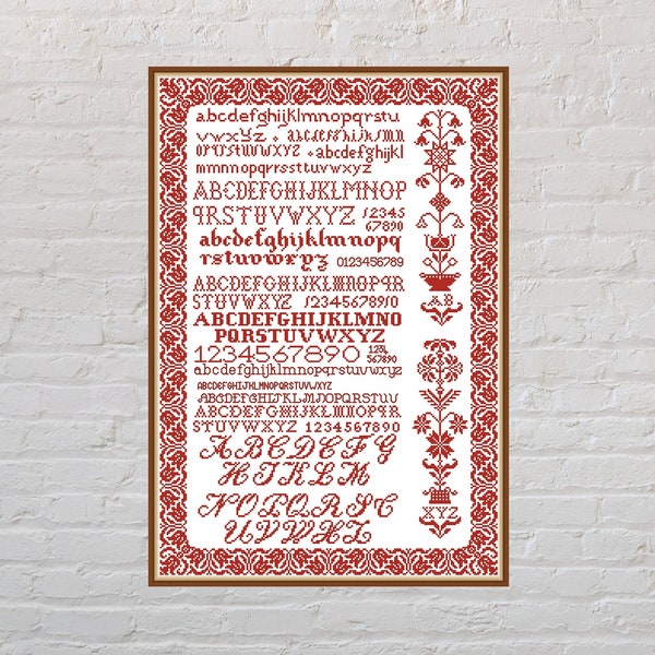 Cross stitch pattern Alphabet Sampler, antique cross stitch, monochrome embroidery, letter cross stitch, abc, PDF file, font cross stitch