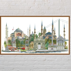 May include: A framed print depicting a detailed illustration of Istanbul's skyline. The artwork showcases iconic landmarks like the Hagia Sophia and various mosques, with minarets and domes. The image is set against a white background and framed in a brown wooden frame.