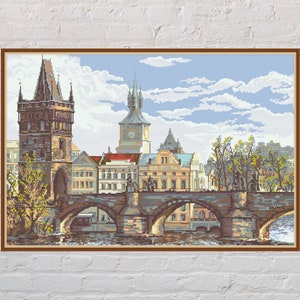 Cross stitch pattern Prague, Charles Bridge, city cross stitch chart, vintage embroidery, printable, antique cross stitch, digital PDF file