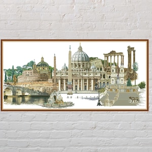 Puede incluir: Una impresión en acuarela enmarcada de Roma, Italia, con monumentos emblemáticos como la Basílica de San Pedro, el Coliseo y el Castel Sant'Angelo. La obra de arte presenta representaciones arquitectónicas detalladas en tonos beige, marrón y verde.
