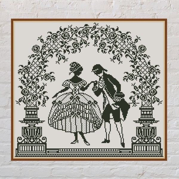 Cross stitch pattern Baroque Couple, vintage cross stitch, retro embroidery, romantic cross stitch, digital PDF file,monochrome cross stitch