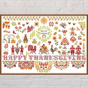 Cross stitch pattern Happy Thanksgiving, quaker sampler, autumn cross stitch, holiday embroidery, digital PDF file, printable cross stitch