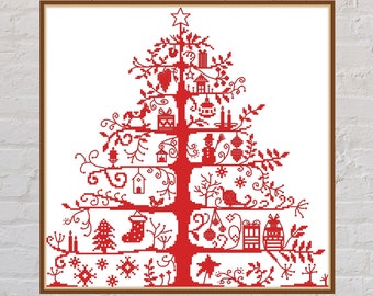 Schema punto croce Albero di Natale, punto croce natalizio, ricamo festivo, punto croce monocromatico, file PDF digitale, decorazioni natalizie