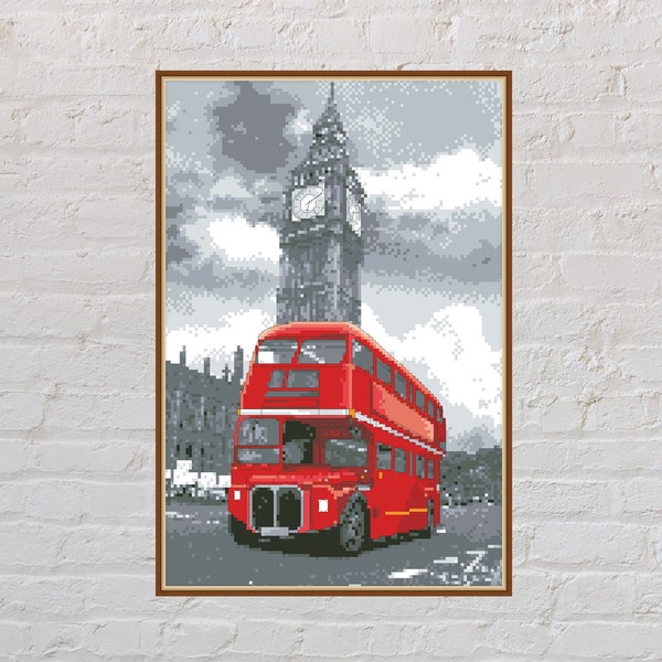 Cross stitch pattern London Bus, city cross stitch chart, London embroidery, Big Ben cross stitch, printable cross stitch, digital PDF file