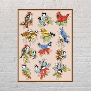 Cross stitch pattern Bird Ornaments, bird cross stitch, nature embroidery, printable cross stitch, digital PDF file, red cardinal, sparrow