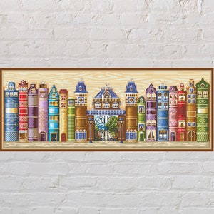 Cross stitch pattern Kingdom of Books, antique cross stitch, book cross stitch, old city, vintage embroidery, digital PDF file, printable