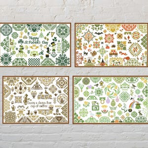 Puede incluir: Cuatro muestras de punto de cruz enmarcadas con patrones intrincados. Una muestra presenta el texto "Happy St. Patrick's Day" y tréboles. Otras muestras tienen diseños florales, geométricos y caprichosos en tonos verdes, dorados y marrones.