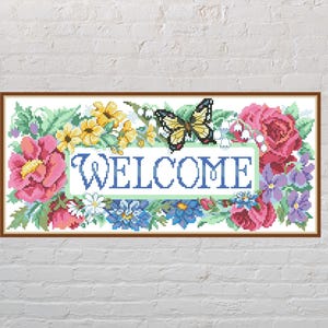 Cross stitch pattern Welcome, nature cross stitch, floral embroidery, summer cross stitch, digital PDF file, vintage cross stitch, butterfly