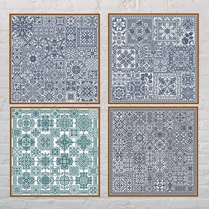 May include: Four framed cross-stitch patterns with intricate geometric designs in shades of blue and teal. Each framed piece features a unique arrangement of squares and patterns, creating a mosaic-like effect. The frames are a warm brown colour.