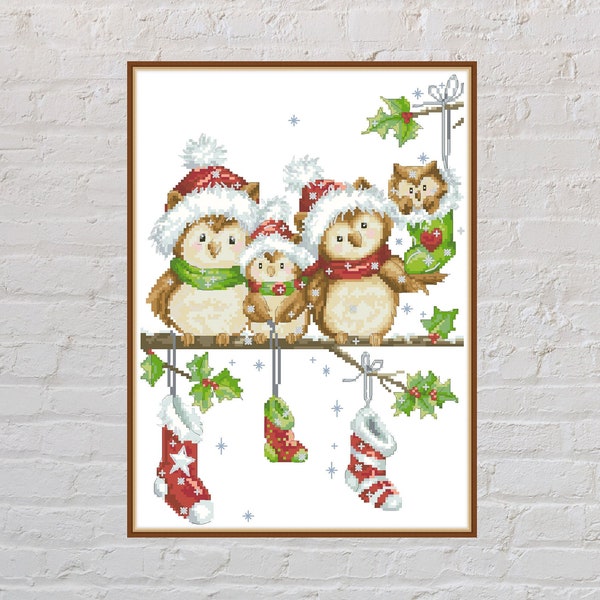 Cross stitch pattern Christmas Owls, Christmas cross stitch, holiday embroidery, PDF file, printable cross stitch, winter cross stitch