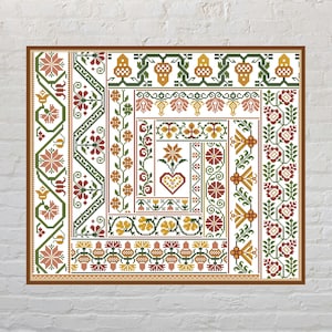 Könnte beinhalten: Gerahmtes Kreuzstich-Kunstwerk mit einem detaillierten floralen und geometrischen Design. Das Stück zeigt eine Vielzahl von Farben, darunter Rot, Grün, Gelb und Pfirsich, die in komplizierten Mustern angeordnet sind. Das Kunstwerk ist in einem dunkelbraunen Holzrahmen gerahmt.