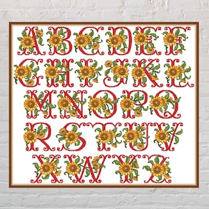 Cross stitch pattern Sunflower Alphabet, letters cross stitch, abc embroidery, font cross stitch, floral alphabet, PDF file, printable