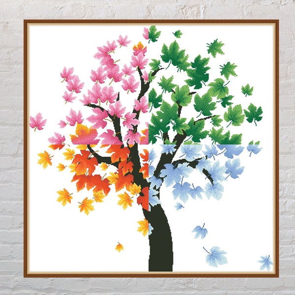 Cross stitch pattern Four Seasons Tree, nature cross stitch, seasons embroidery, digital PDF file, printable cross stitch, tree cross stitch