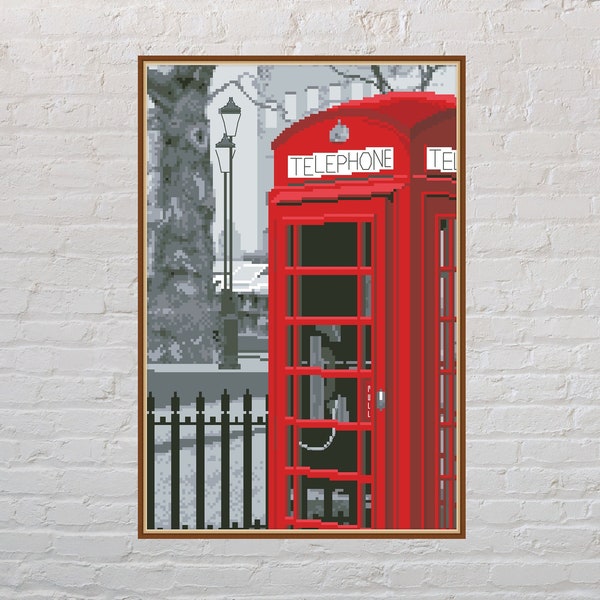 Cross stitch pattern Telephone Box, city cross stitch chart, London embroidery, vintage cross stitch, printable cross stitch, PDF file