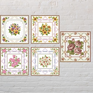 5つの花柄の枕クロスステッチパターンのセット、クロスステッチバンドル、自然刺繍、デジタルPDFファイル、クッションデザイン、花のクロスステッチ
