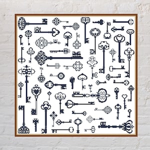 Peut inclure: Une illustration en noir et blanc d'une collection de clés vintage. Les clés sont disposées de manière aléatoire sur un fond blanc.