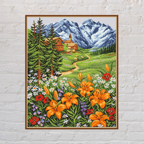 Cross stitch pattern Alpine Summer, floral cross stitch, landscape, nature embroidery, PDF file, printable cross stitch, village, mountains