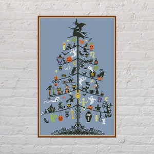 Cross stitch pattern Halloween Tree, sampler cross stitch, holiday embroidery, spooky cross stitch, Halloween cross stitch, digital PDF file