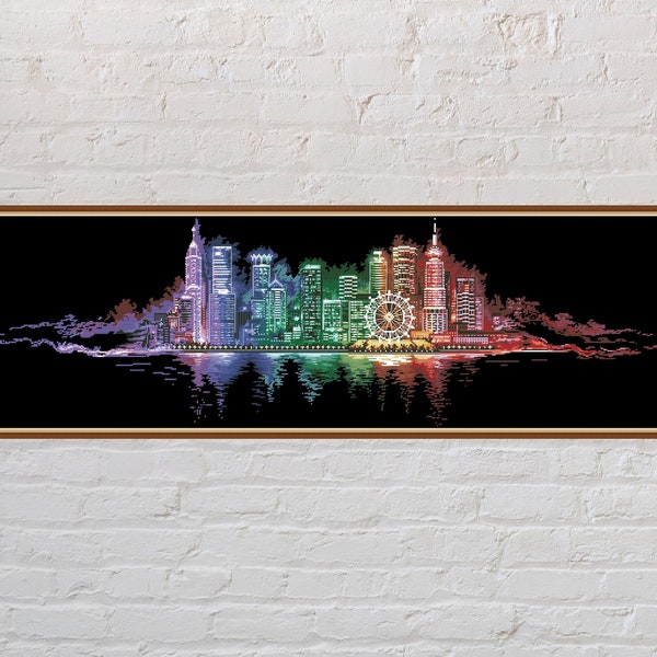 Cross stitch pattern Night City, city cross stitch chart, skyscrapers, PDF file, city lights, night cross stitch, printable cross stitch