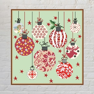Vintage kerstballen kruissteekpatroon PDF | Kerstornamenten serie | Retro engel sneeuwvlok kerst kruissteek | Patroonoverzicht