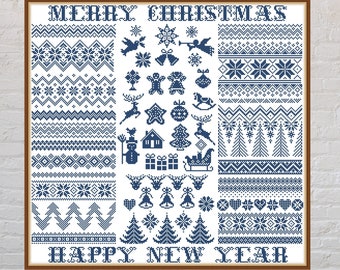 Cross stitch pattern Merry Christmas #3, quaker sampler, Christmas cross stitch, monochrome embroidery, PDF, borders, holiday cross stitch