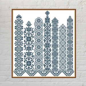Flowers Uprising Cross Stitch Pattern PDF | Monochrome Borders Sampler Chart | Quaker Bell Pulls Pack | Geometric Lace Bookmark Embroidery