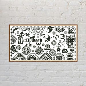 Halloween Sampler Cross Stitch Pattern PDF | Quaker Halloween Series | Blackwork Monochrome Needlework | Spooky Witch Ghost Cat Raven Chart