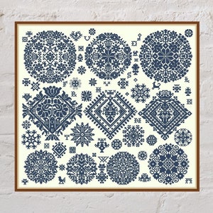 Quaker sampler cross stitch pattern Blue Fantasy, patchwork cross stitch, monochrome geometric embroidery, PDF file, printable cross stitch