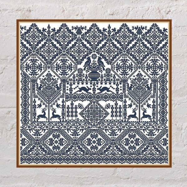 Quaker sampler cross stitch pattern Magic Grove, antique cross stitch, monochrome embroidery, digital PDF file, printable cross stitch