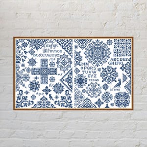 May include: A rectangular cross-stitch sampler featuring dark blue thread on a white background. The design includes various geometric patterns, floral motifs, birds, and two complete alphabets in lowercase and uppercase letters, along with numbers.