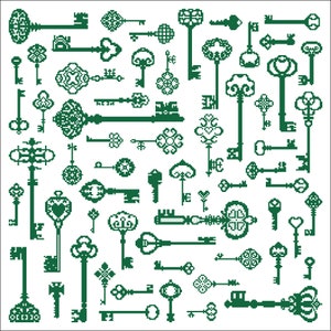 May include: A digital illustration of a collection of green keys with intricate designs. The keys are arranged in a random pattern on a white background.