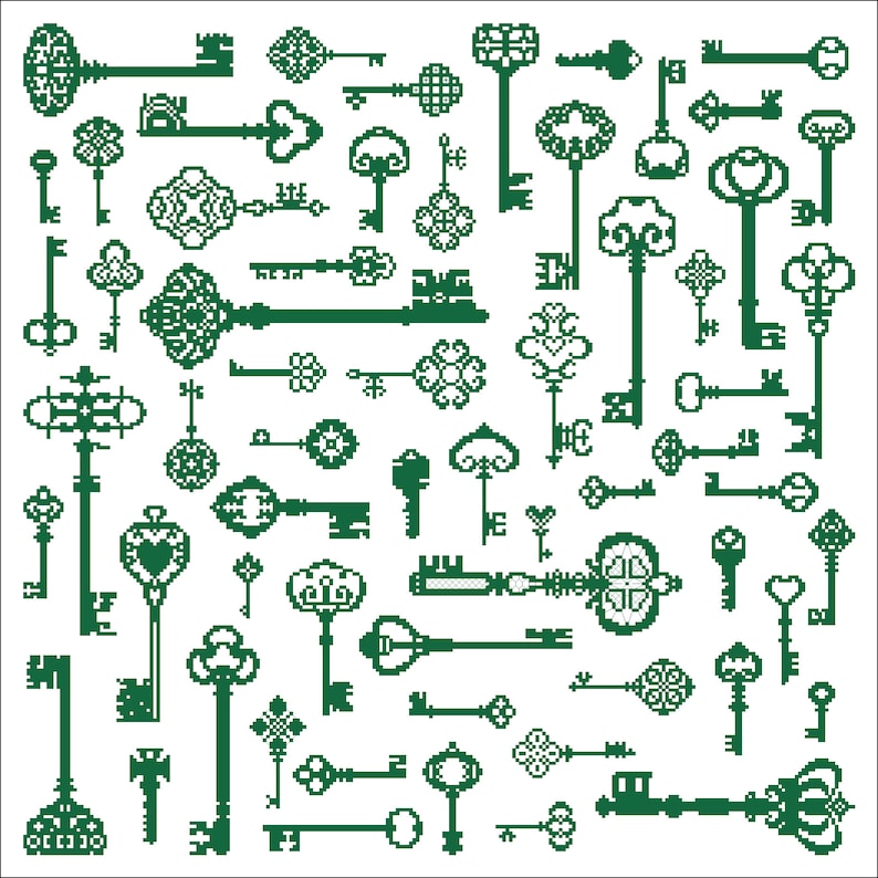 May include: A digital illustration of a collection of green keys with intricate designs. The keys are arranged in a random pattern on a white background.