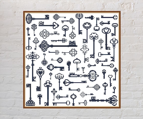 Cross stitch pattern Key Sampler, antique cross stitch, monochrome embroidery, vintage cross stitch, digital PDF file,printable cross stitch