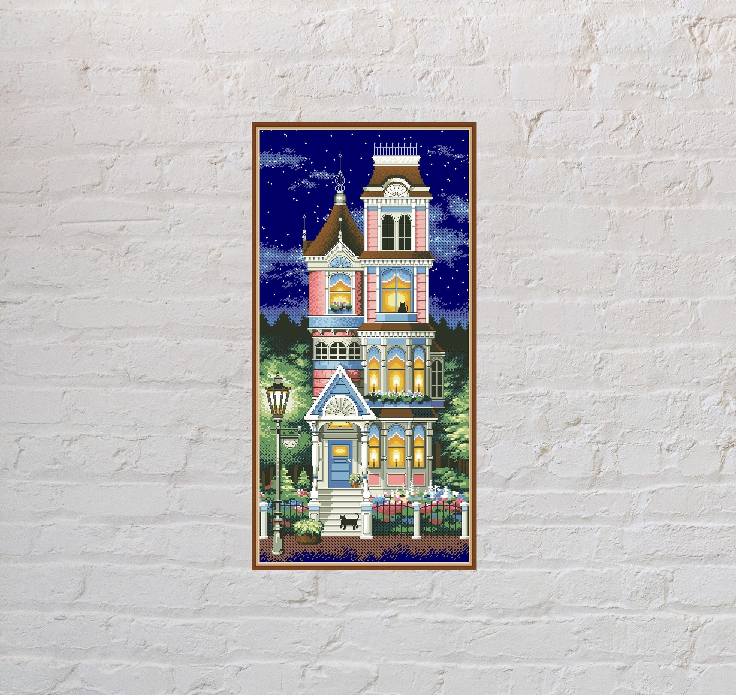 Cross stitch pattern Victorian House, vintage cross stitch, retro embroidery, digital PDF file, printable, nature, night, summer, classic