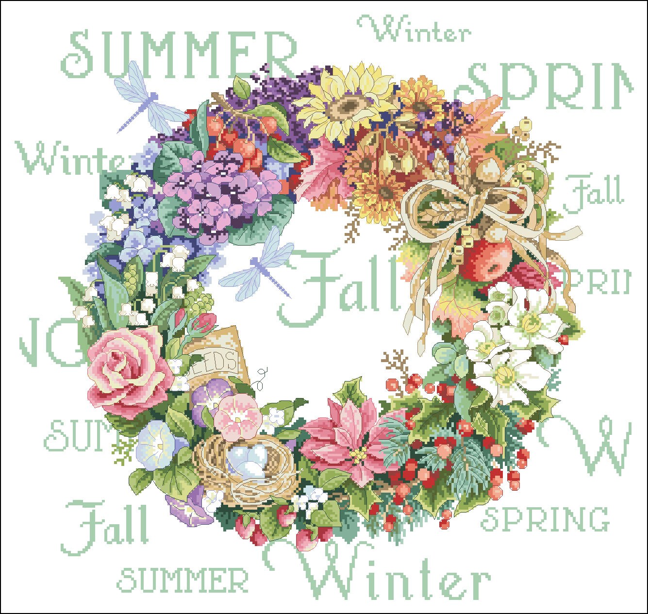 Cross Stitch Pattern Four Seasons Wreath, Floral Cross Stitch